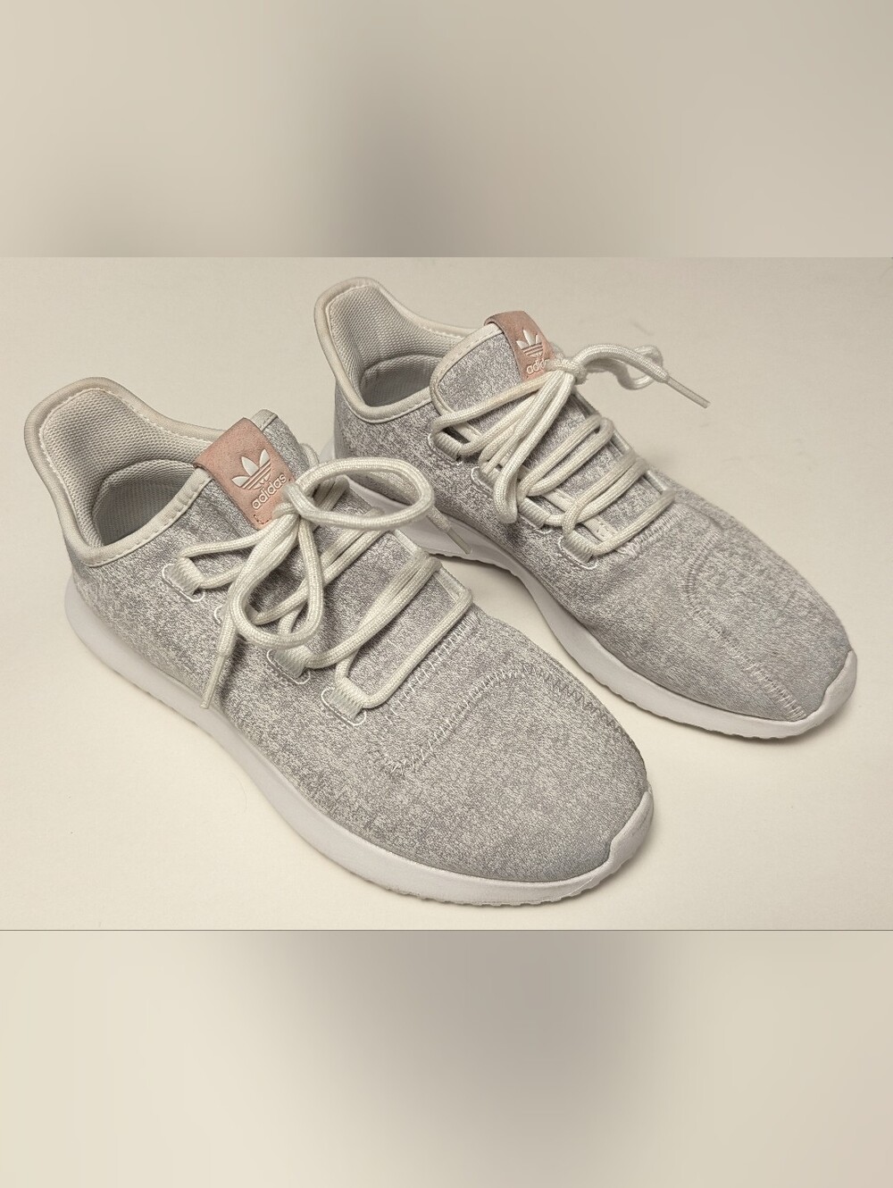 adidas Women’s Light Gray Knit Sneakers with Rose Gold Tongue Tab